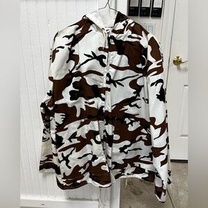 Men’s Large White and Brown Canvas Drawstring Zipper Hooded Hinting Jacket